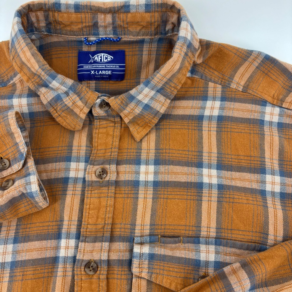 AFTCO Mens Button Up Shirt XL Orange Plaid Flannel Stretch Long Sleeve Coastal - Picture 2 of 9